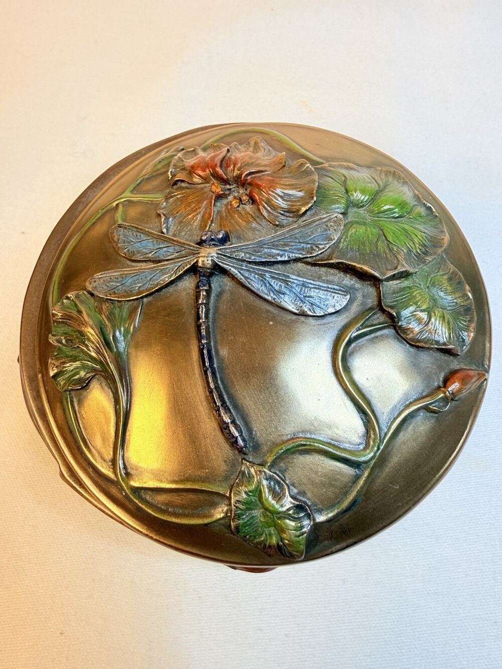 Veronese 2005 Dragonfly Waterlily Cold Cast Bronze Trinket/ Jewelry Box Read
